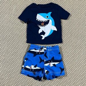 Toddler shark swim trunks and T-shirt - size 12 months